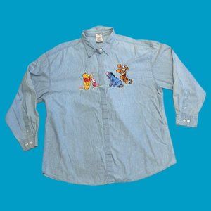 WINNIE THE POOH Vintage 90 Disney Store Jean Denim Embroidered Shirt Eeyore XXL